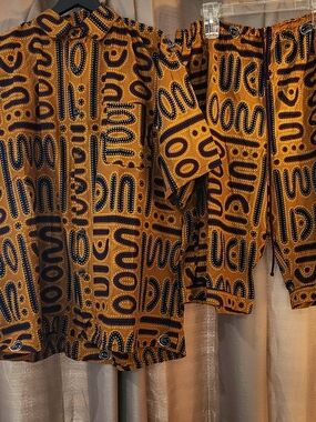 Mustard & Black Printed Matching Shirt and Shorts Set Made In Tanzania